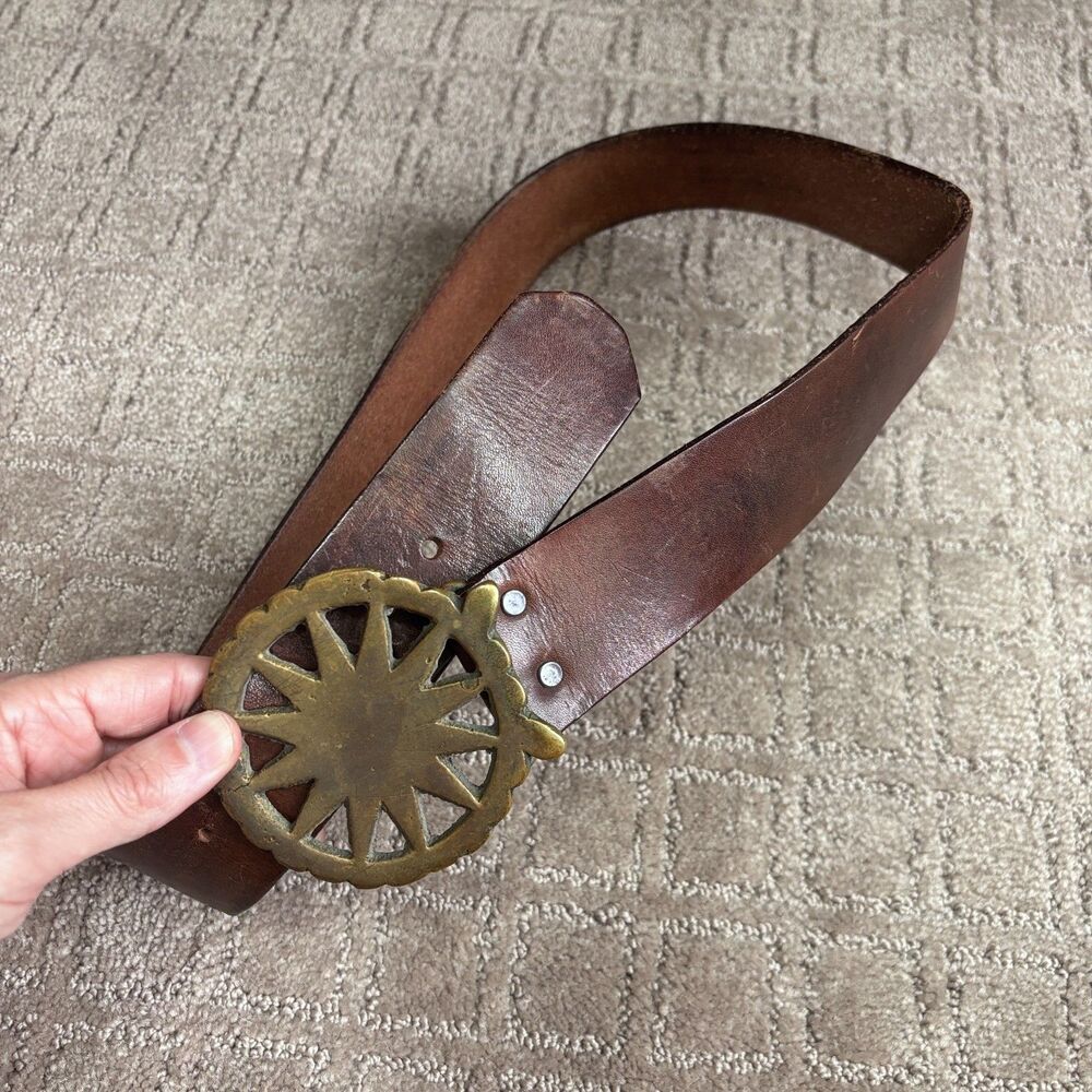 Antique English Horse Brass Belt Buckle VTG Boho Sunburst Statement Belt Mens 32